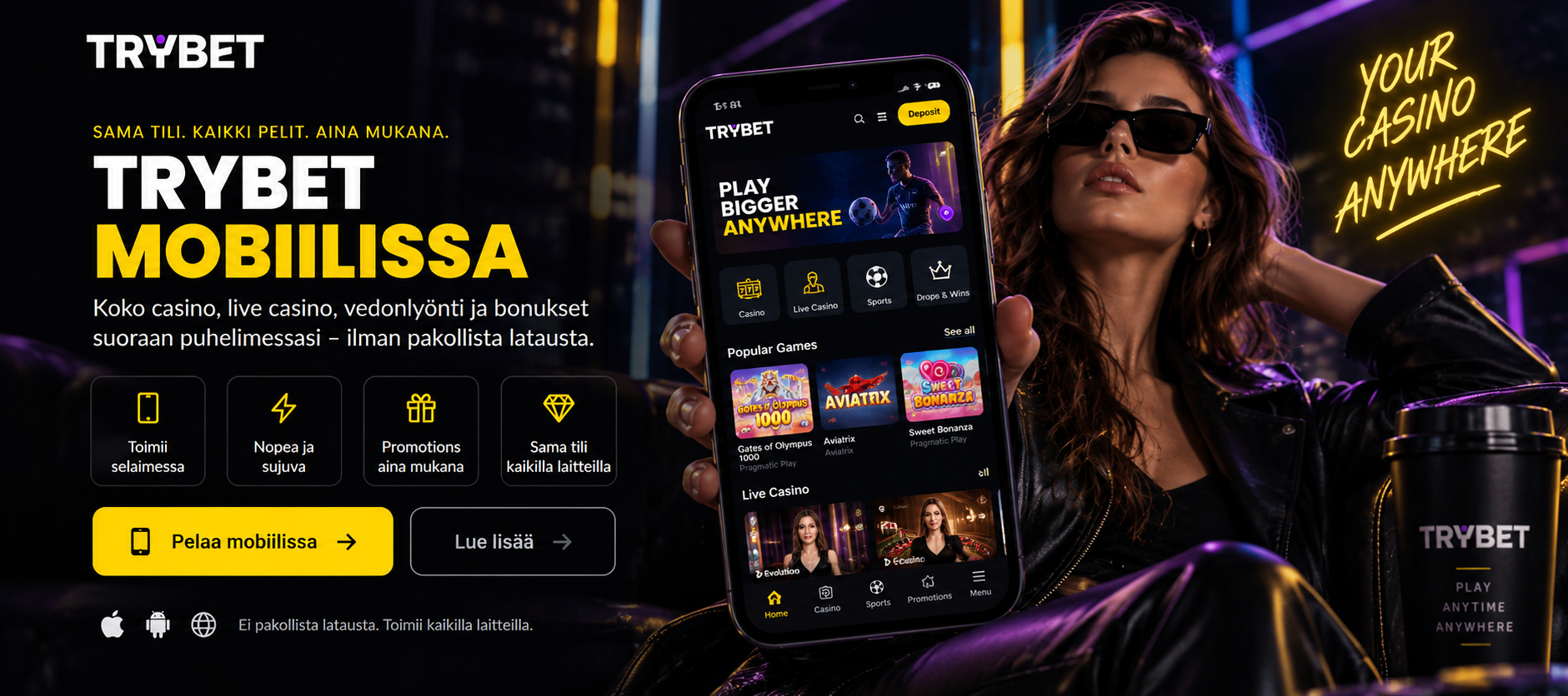 TryBet mobiilissa – casino aina mukana